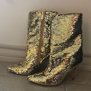 Gold sequin high heel boots